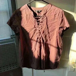 Express‎ Dusty burgundy, short sleeve blouse with tie up V-neck feature